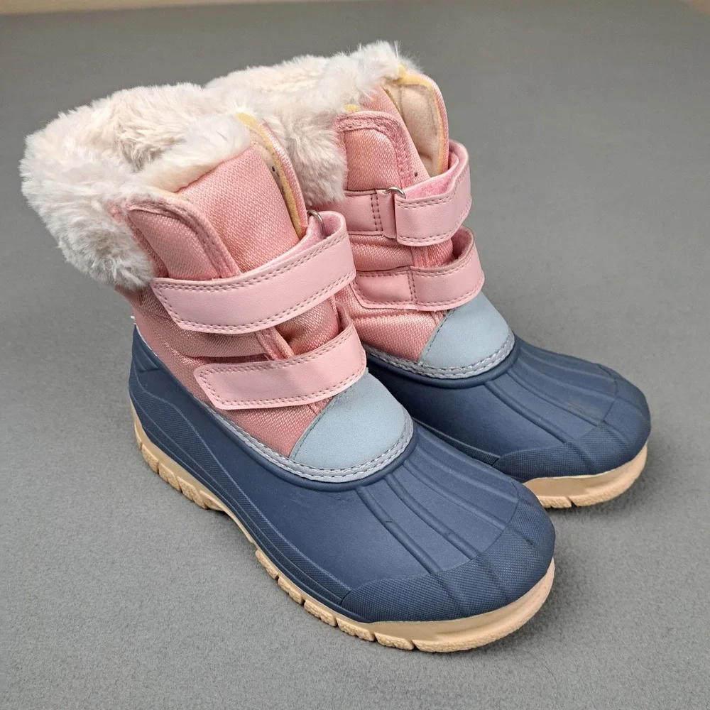 Oshkosh Bgosh Snow Boots Youth 2 Pink Blue Duck Faux Fur Trimmed Waterproof